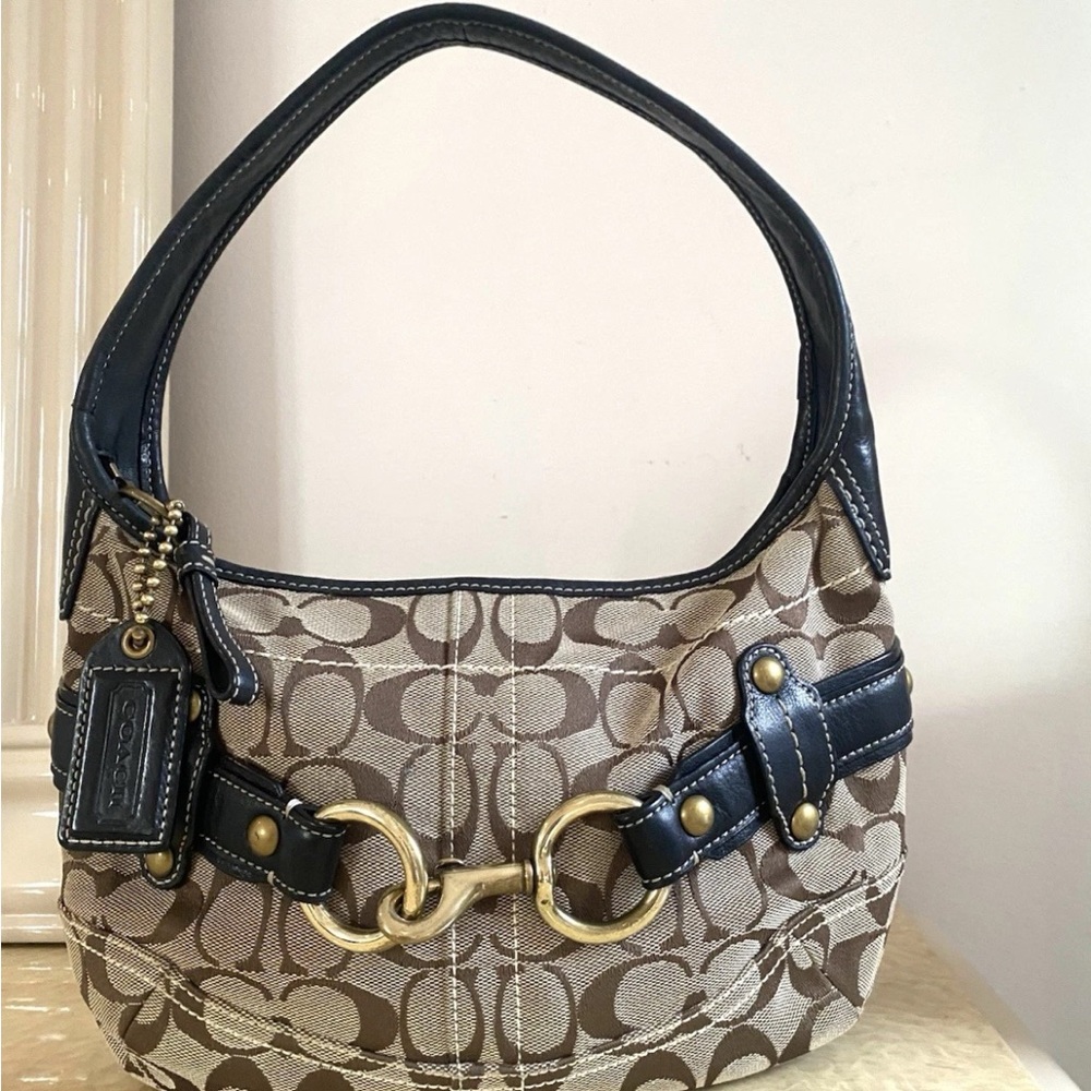 Coach Tan and Black Signature Shoulder Bag